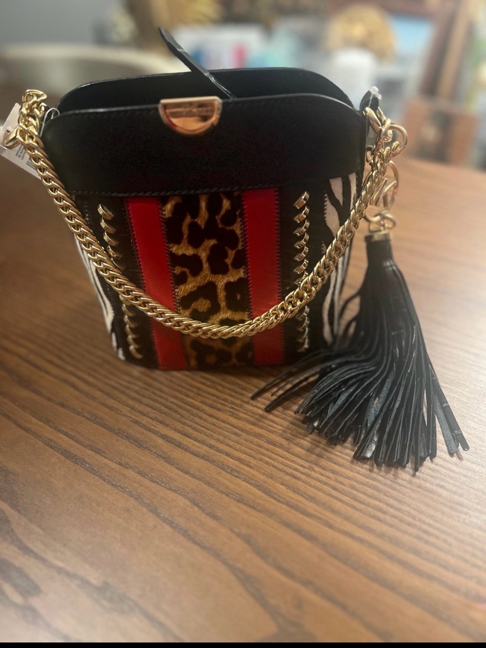 Black Leopard-Accent Crossbody Bag with Gold Chain